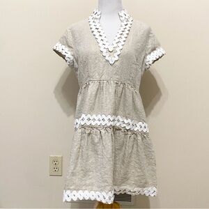 STS Sail To Sable Gold & White Ribbon Trim V Neck Short Sleeve Mini Dress
